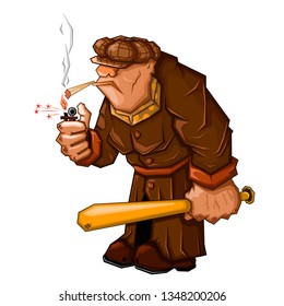 Gangster of The 30-th Years with a cigarette and a bat. Vector illustration on a white background.