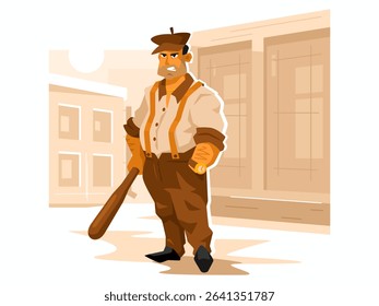 Gangster with a baseball bat. Bad boy in a cap. Vector graphics
