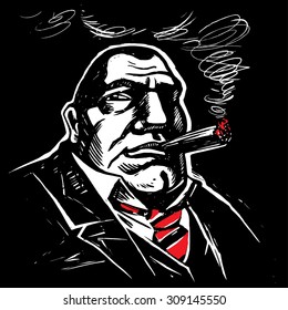 Gangster boss with cigar. Engraved style. Vector.