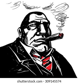 Gangster boss with cigar. Engraved style. Vector.