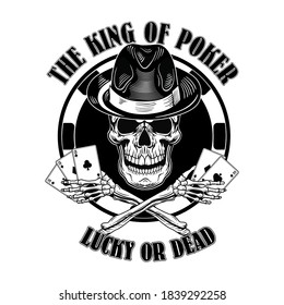 Gangster casino skull logo. Vintage logotype, sticker, print with playing cards, top hat. Vector illustration for poker club labels, gambling concept