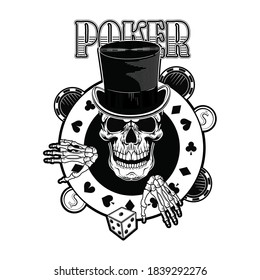 Gangster casino skull stamp. Vintage logotype, sticker, print with playing cards, top hat, money. Vector illustration for poker club labels, gambling concept
