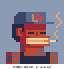 Juego de píxeles de caracter de gangster, ahumando estrellas de rap de gangsta. Avatar, retrato y foto de perfil. Diseño de los 80. Activos de juego. 8 bits. Ilustración vectorial aislada.