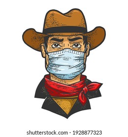 gangster cowboy in medical mask color sketch engraving vector illustration. T-shirt apparel print design. Scratch board imitation. Black and white hand drawn image.