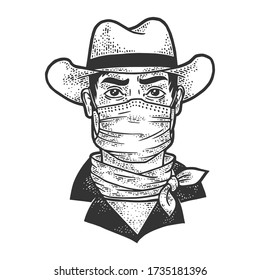 gangster cowboy in medical mask sketch engraving vector illustration. T-shirt apparel print design. Scratch board imitation. Black and white hand drawn image.