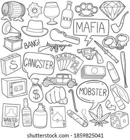 Gangster Doodle Icon Set. American Mafia Vector Illustration Collection. Mobster Banner Hand Drawn Line Art Style.