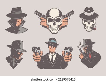 Emblema de gangster. Bandas negras conjunto de bandidos de la mafia gangsta ghetto cadenas de serpenteo de la policía y cráneo exacto vectorial estilizado logotipo con lugar para texto