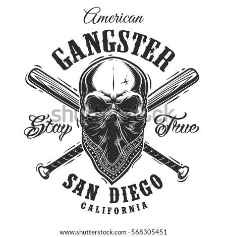Gangster emblem, label, print, badge with skull in bandana and crossed baseball bats