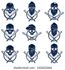 Gangster emblem logo or tattoo with aggressive skull baseball bats and other design elements, vector set, criminal ghetto vintage style, gangster anarchy or mafia theme.