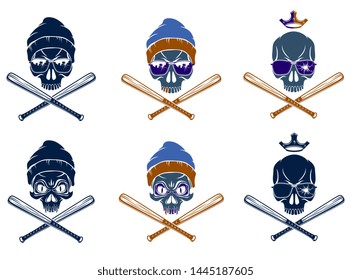 Gangster emblem logo or tattoo with aggressive skull and baseball bats, vector set, criminal ghetto vintage style, gangster anarchy or mafia theme.