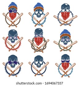 Gangster emblem logo or tattoo with aggressive skull baseball bats and other design elements, vector set, criminal ghetto vintage style, gangster anarchy or mafia theme.
