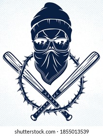 Logo o tatuaje del emblema de los gangsters con elementos de diseño agresivos de los murciélagos de béisbol, vectores, estilo vintage del ghetto criminal, anarquía gangster o tema mafioso.