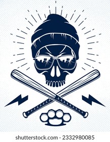 Gangster-Emblem-Logo oder Tätowierung mit aggressiven Schädelbaseballschläger Design Elemente, Vektorgrafik, kriminelle Getto Vintage Stil, Gangster Anarchie oder Mafia-Thema.