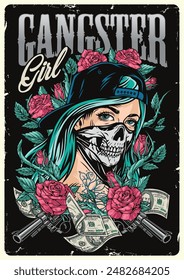 Gangster girl colorful vintage sticker with dangerous lady in mask and cap near money and revolvers vector illustration