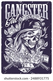 Gangster girl monochrome vintage sticker with bold lady in mask and baseball cap near criminal money and revolvers vector illustration