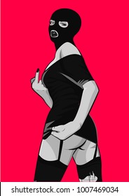 Gangster girl. Pretty Young Urban Girl in black mask. Lady Vector artwork. Pop Art comic style.