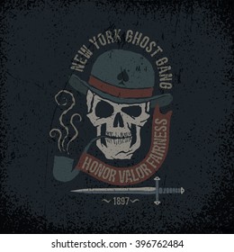 Gangster grunge logo with a skull in a bowler hat, with a pipe, dagger and banner. Textures on separate layers - easily editable.