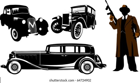 Gangster With A Gun And Black Retro Car; Chicago; American; Black;