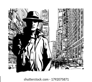 Gangster with a gun in Manhattan New York city - vector illustration (Id eal for printing on fabric or paper, poster or wallpaper, house decoration)