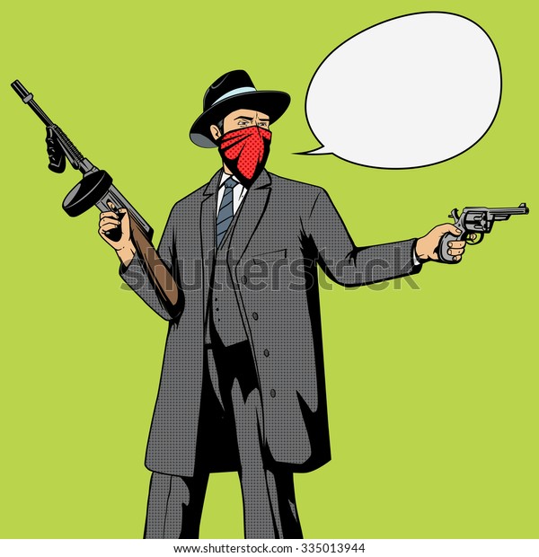 Gangster with gun robbery pop art retro\
style  vector illustration. Comic book\
imitation