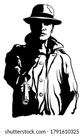 Gangster with a gun in the style of 1950 black and white movie - vector illustration (Ideal for printing on fabric or paper, poster or wallpaper, house decoration)