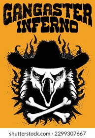 Gangster Inferno old west poster, retro sticker, Inferno, eagle firing, epic, Masquerade, cowboy, west, gang mascot, silhouette 