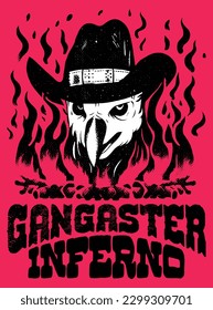 Gangster Inferno old west poster, retro sticker, Inferno, eagle firing, epic, Masquerade, cowboy, west, gang mascot, silhouette 