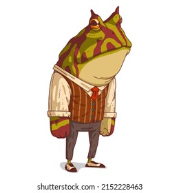 A Gangster, isolated vector illustration. A bouncer guy. A huge humanized horned frog wearing a stylish retro suit. Calm anthropomorphic toad with massive arms. An animal character with a human body