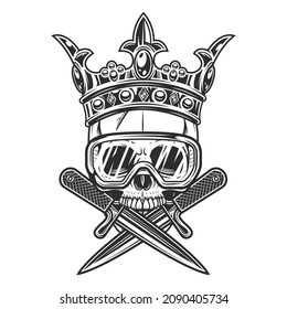 Gangster king skull in crown with crossed knife and new construction builder safety glasses isolated vector illustration. Skeleton of a bandit prince with crossed dagger.