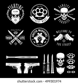Gangster labels badges emblems design elements set. Gangsta style quotes. Thug life. Stay true. Street wars. Crossed weapon, skull in bandana. Vintage vector illustration.