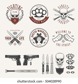 Gangster labels badges emblems design elements set. Gangsta style quotes. Thug life. Stay true. Street wars. Crossed weapon, skull in bandana. Vintage vector illustration.