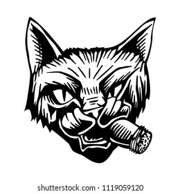 Gangster Mafia Feline Cat Criminal Character Portrait Vector Black White