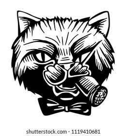 Gangster Mafia Feline Cat Criminal Character Portrait Vector Black White 