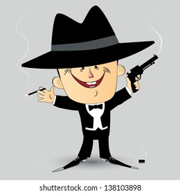 Gangster, A man dressed in a tuxedo with a gun and a cigarette in his hand.