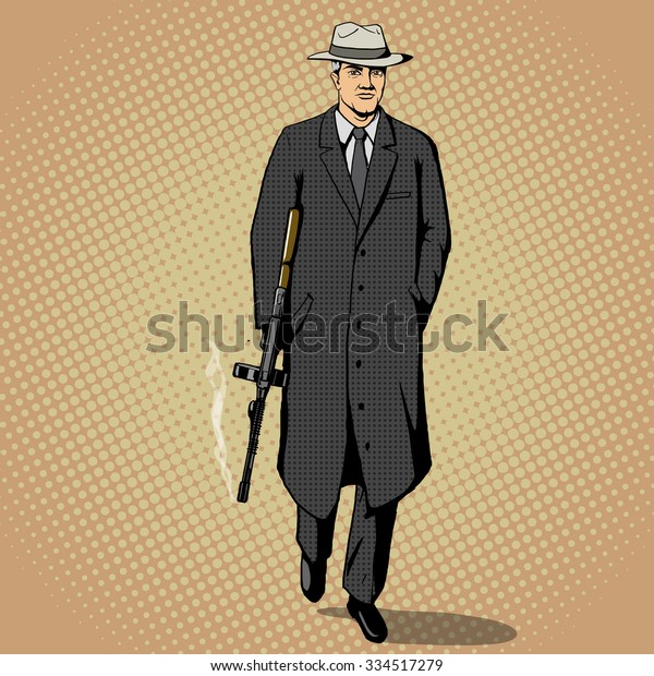 Gangster man with a gun walking pop\
art retro style  vector illustration. Comic book\
imitation