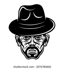 Gangster man head in fedora hat with bristle. Vector character illustration in vintage monochrome style isolated on white background
