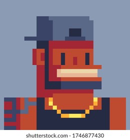 Gangster man pixel art style character, african american gangsta rap stars. Avatar, portrait and profile picture. Design of 80s. Game assets. 8-bit. Isolated vector illustration.