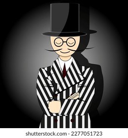 Gangster man in a striped jacket with top hat, glasses, moustache and tie on style black gradient background.