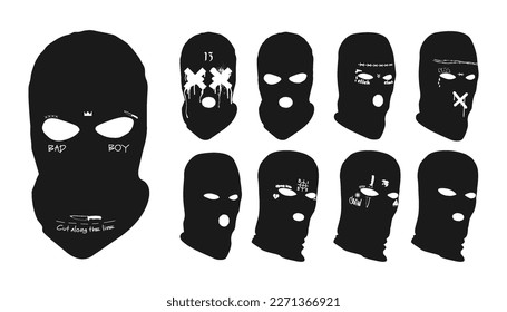Gangster masks with images and inscriptions, stylish balaclavas with patterns in the form of gangster tattoos, stylish gangster masks from different angles (straight, side, perspective). Vector gang