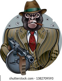 Gangster Monkey In Suit Holding Machine Gun