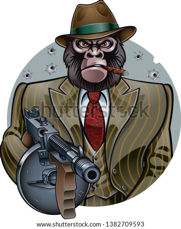 gangster monkey in suit holding machine gun