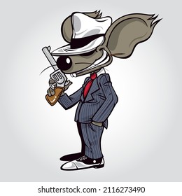 Gangster Mouse Holding His Gun With The Other Hand In His Pocket. Mouse Dressed As An Old School Gangster With A Fedora Hat And A Striped Suit.