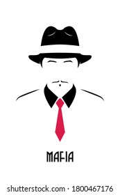 Gangster with mustache wearing a 1930s hat and red tie. Avatar of the Italian mafia. Stock vector illustration.