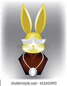 Gangster rabbit bust in dark brown shirt with silver medallion and shiny gray sunglasses