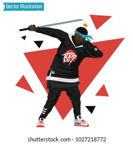 Gangster Rapper With Katana Sword. Cover Rap Album, Element Of Advertising Fashionable Youth Clothing. Brutal Swag Guy Holding A Sword. Samurai, DUB Dance Sign. Vector Illustration. Black Lives Matter