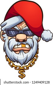 Gangster Santa Claus con un diente de oro y una cadena de oro. Ilustración de imagen prediseñada vectorial con gradientes simples. Todo en una sola capa.
