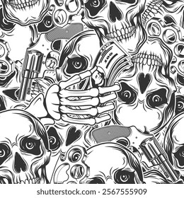 Gangster seamless pattern with skulls, knuckles, guns, skeleton hands holding american dollars. Vector illustration background, wallpaper.