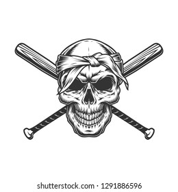 Gangster skull in bandana with crossed baseball bats in vintage monochrome style isolated vector illustration