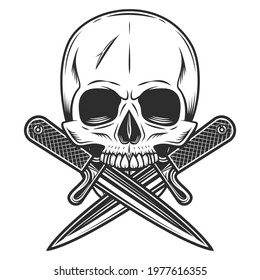 Gangster skull with crossed knives in vintage monochrome style isolated vector illustration