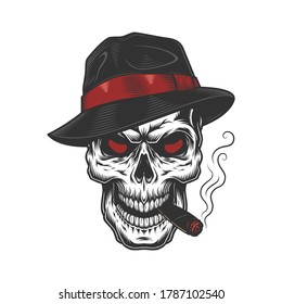 Calavera de gangster con sombrero rojo y cigarrillo. Ilustración del vector